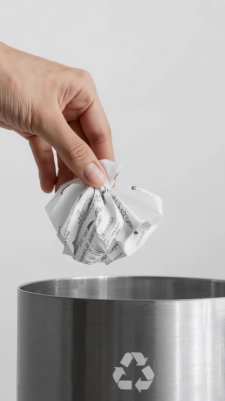 Video verticale: mano che entra nell'inquadratura e getta un foglio di carta in un cestino per il riciclo vicino a una parete grigia per riciclare