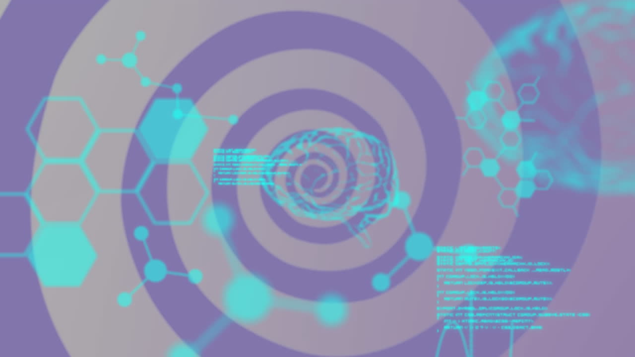 육각형의 네트워크의 애니메이션과 인간의 뇌가 보라색 줄무 위에 회전하는 과학적 데이터