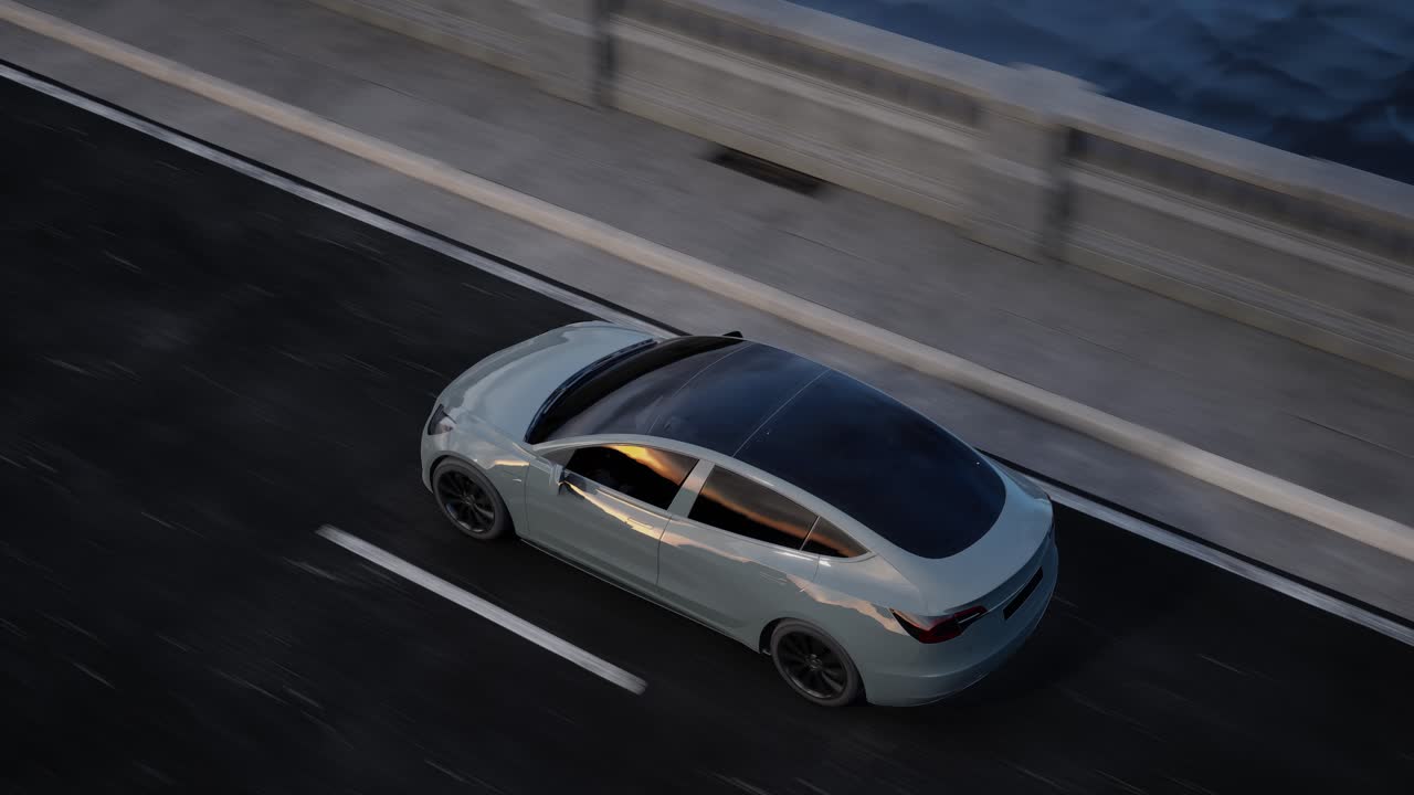 Electric Car on City Road at Sunset