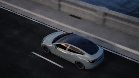 electric car on city road at sunset