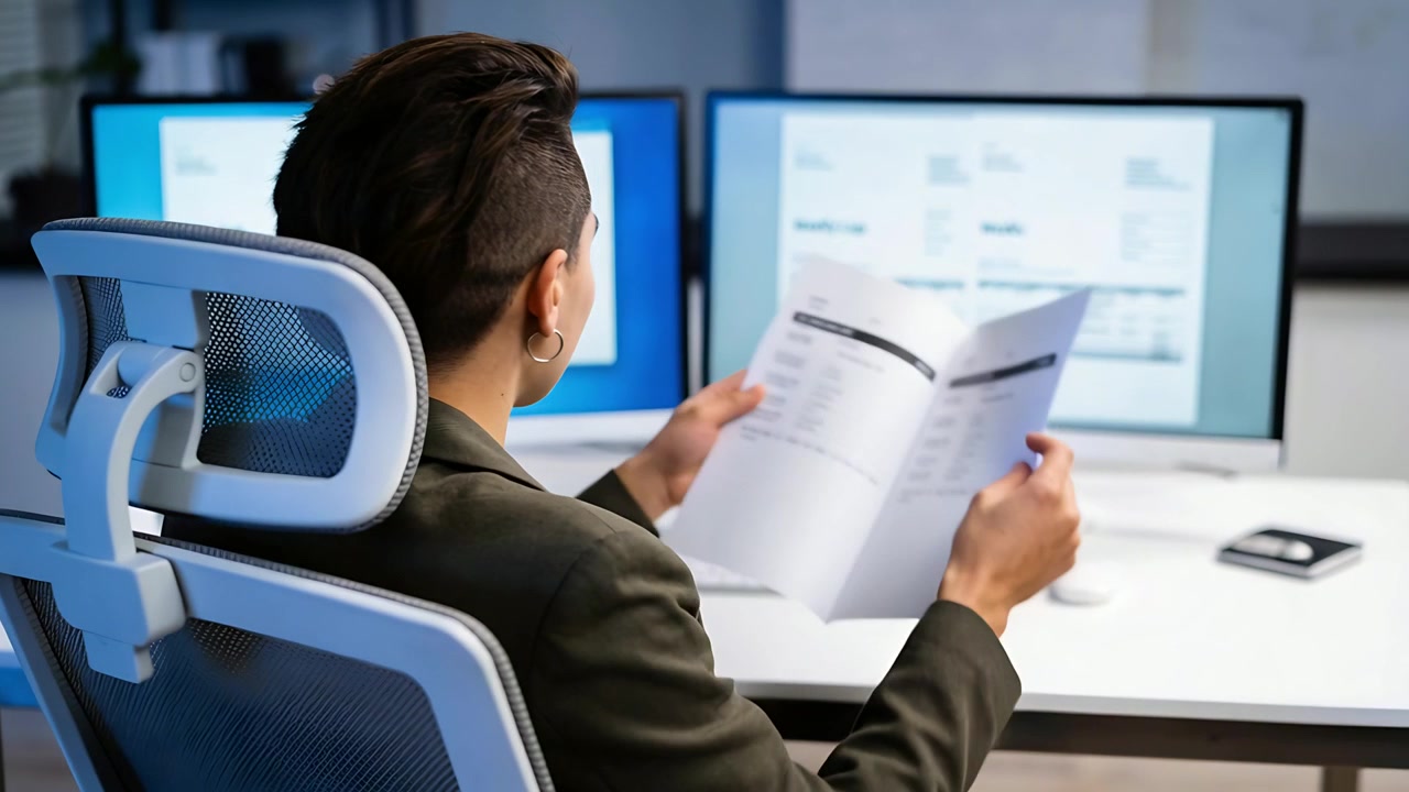 Picking up woman in dark blazer scanning Fitness Logs at office desk, dual monitors for review
