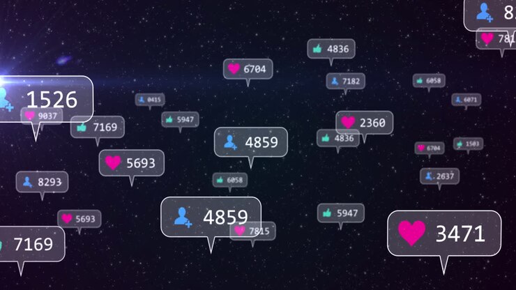 Animation af ikoner for sociale medier og tal på grå bannere over stjerner på nattehimmel