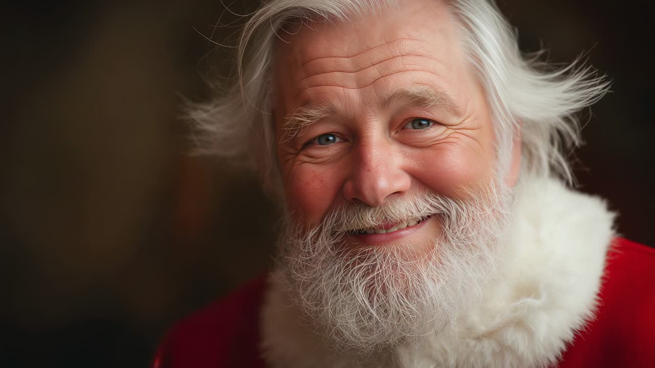 Smiling Santa in red coat, white beard, fur collar tilting head, camera tightening in cozy studio
