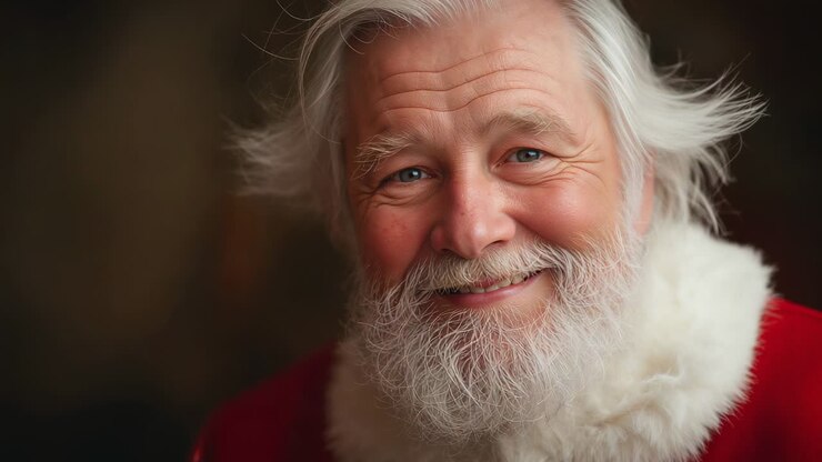Babbo Natale sorridente con cappotto rosso, barba bianca e colletto di pelliccia, che inclina la testa, con la fotocamera che si stringe in un accogliente studio