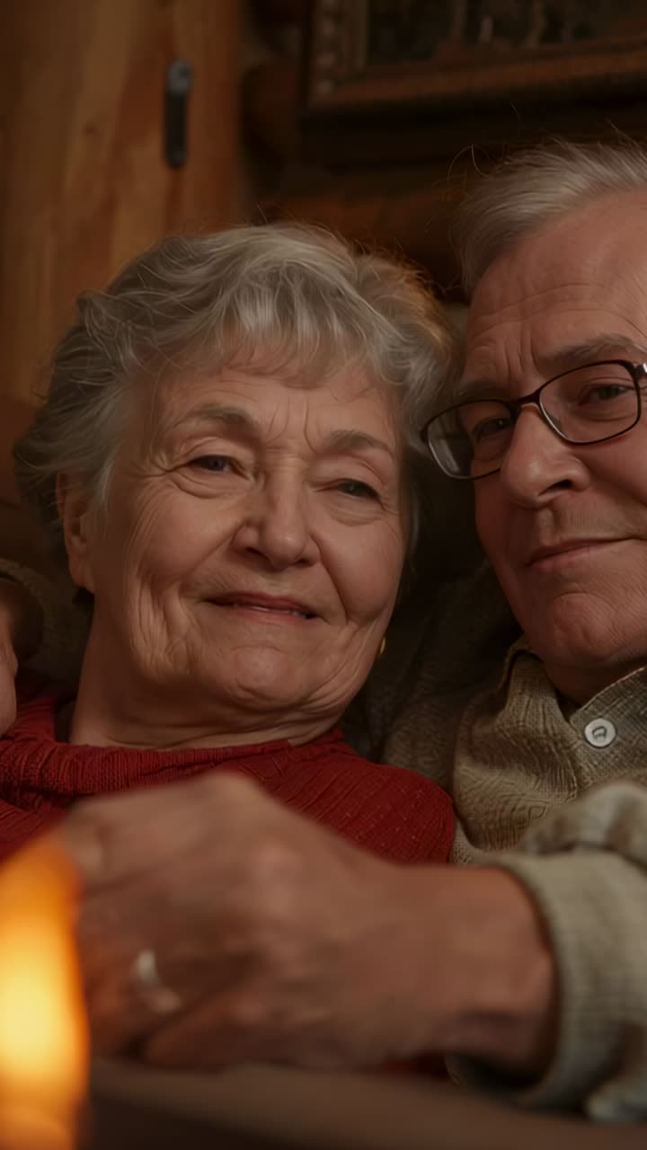 Vertical video: Fire flickering, he holding book as couple leaning on sofa, she in red knit dozing