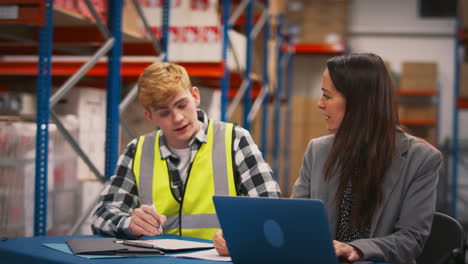 gerente femenina entrenando interno masculino sentado en el escritorio trabajando en una computadora portátil en un almacén ocupado