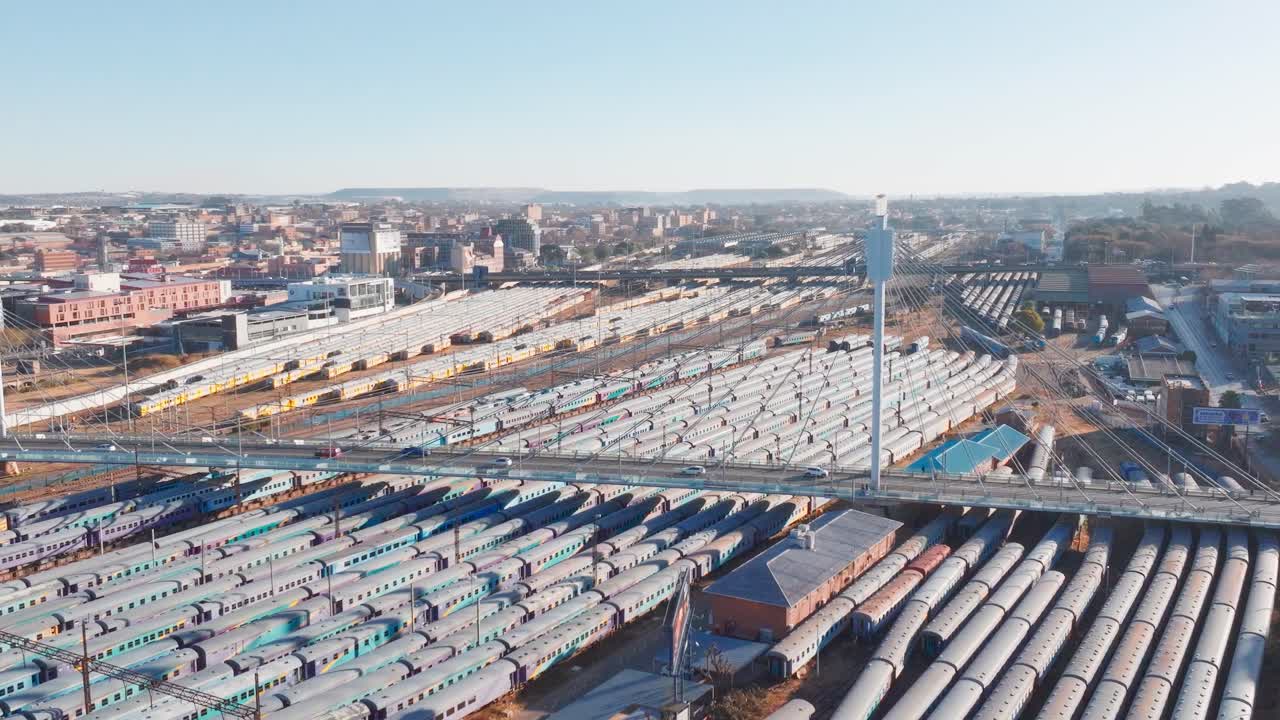 Train yard in johannesburg cbd, showing city life and transport system, aerial view
