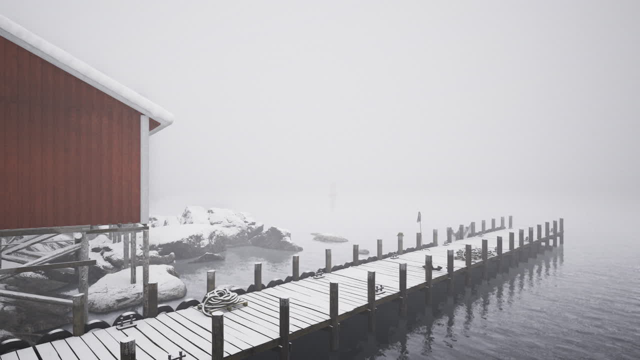 Snowy dock with fog covering the landscape in a winter setting