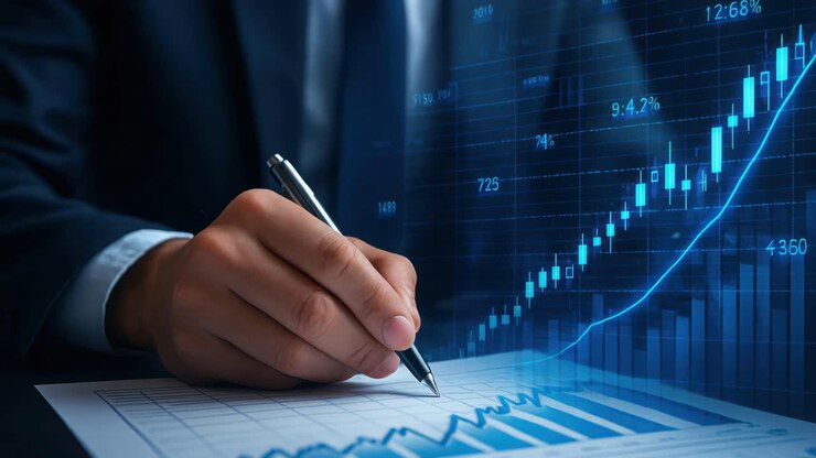 Close-up, angled shot of a hand with a pen analyzing financial graphs