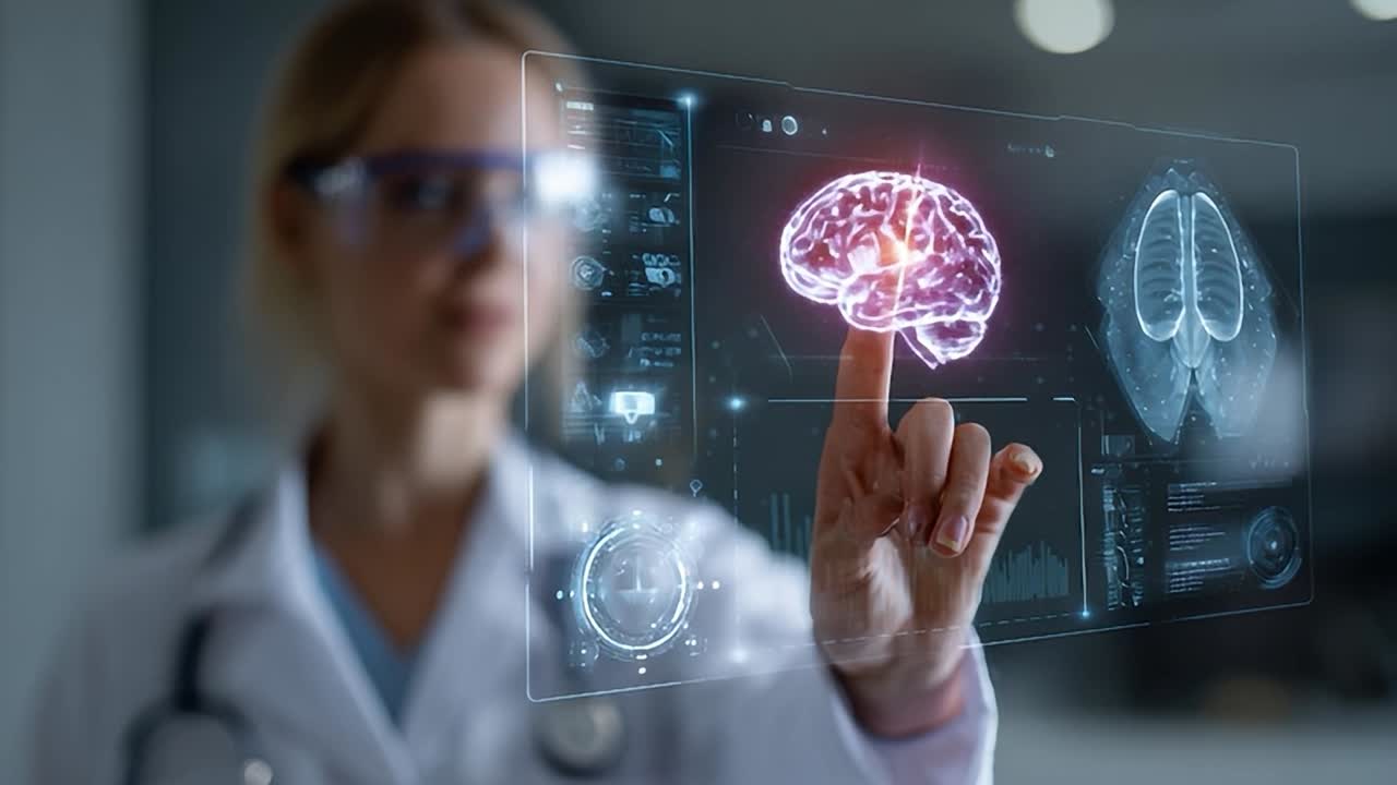 Médico con proyección holográfica del cerebro y los pulmones