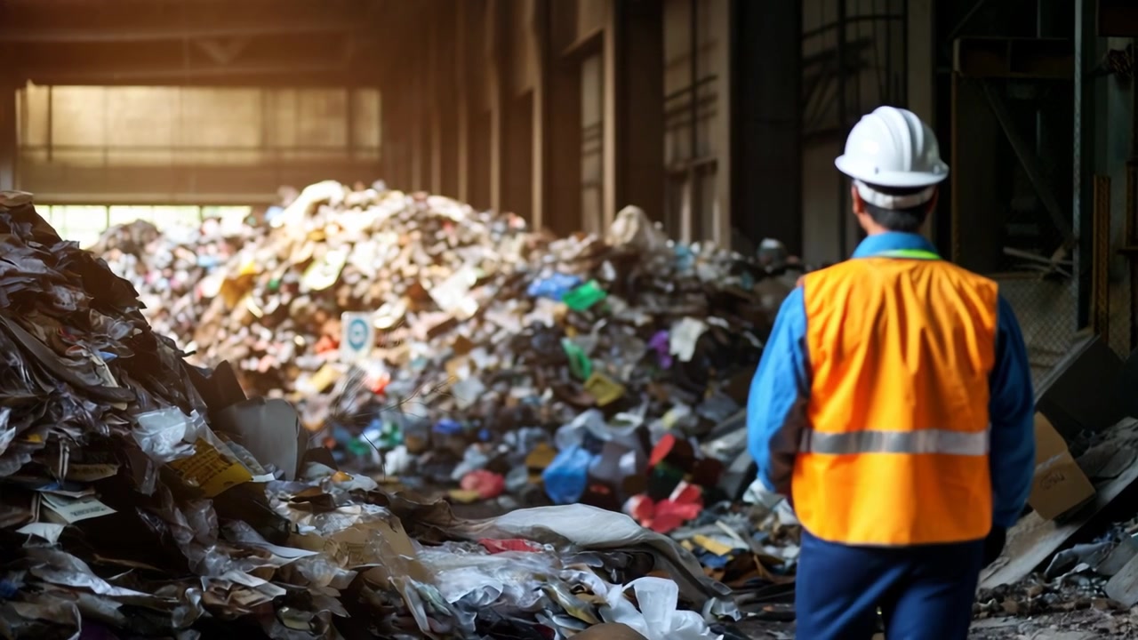 Trabajador con chaleco de seguridad observando residuos en una planta de reciclaje