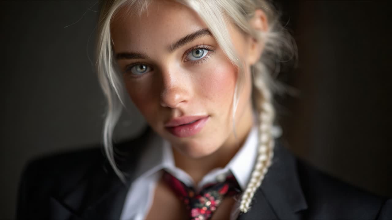 Captivating Close-Up Portrait of a Young Woman with Striking Features and Elegant Attire in a Soft Focus Environment
