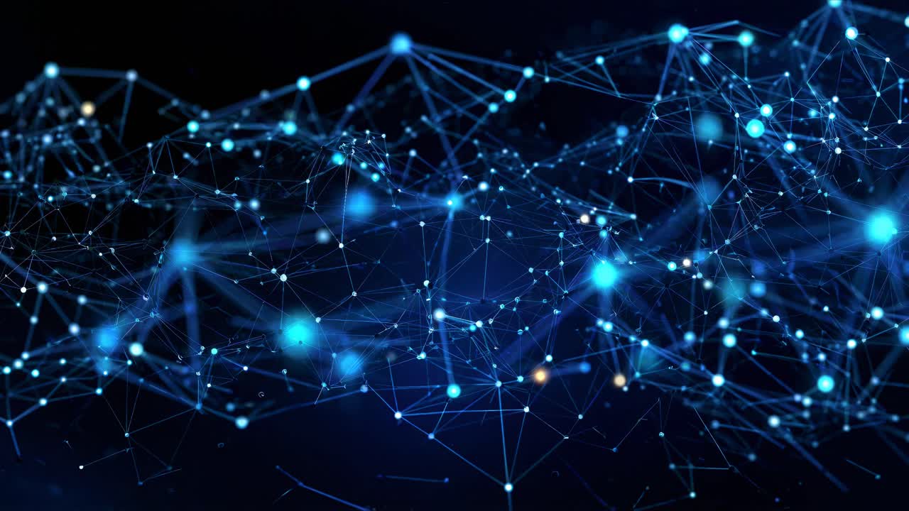 A dynamic video concept of interconnected blue nodes and lines, viewed from a high-angle