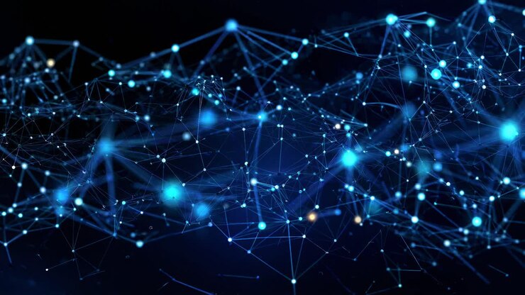 A dynamic video concept of interconnected blue nodes and lines, viewed from a high-angle
