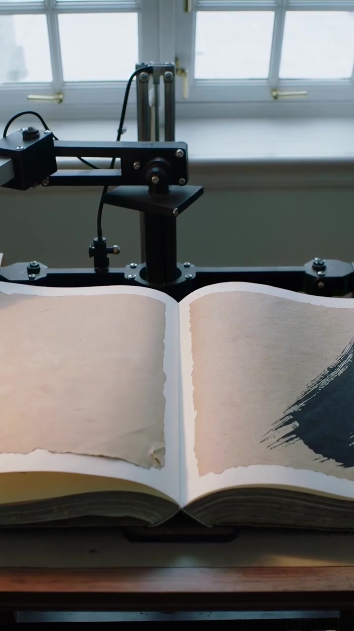 Video verticale: Motore che attiva un braccio rotante che sfoglia le pagine di un quaderno da disegno vicino alla finestra, rivelando un campioncino.