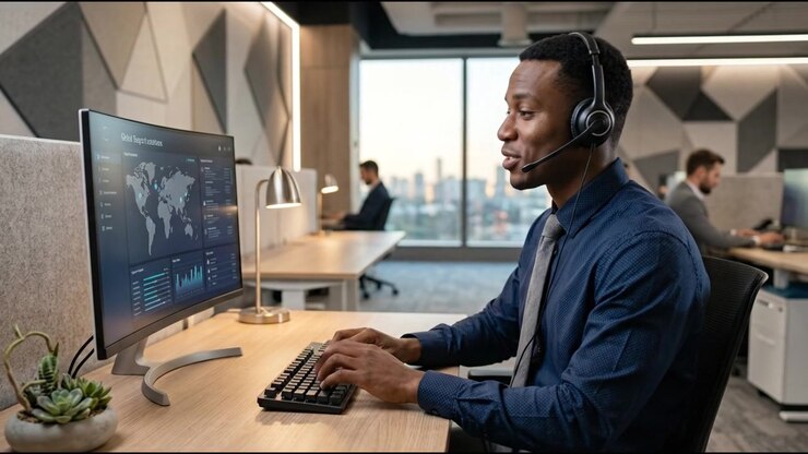 Customer Support Professional Wearing Headset While Working at Computer Desk