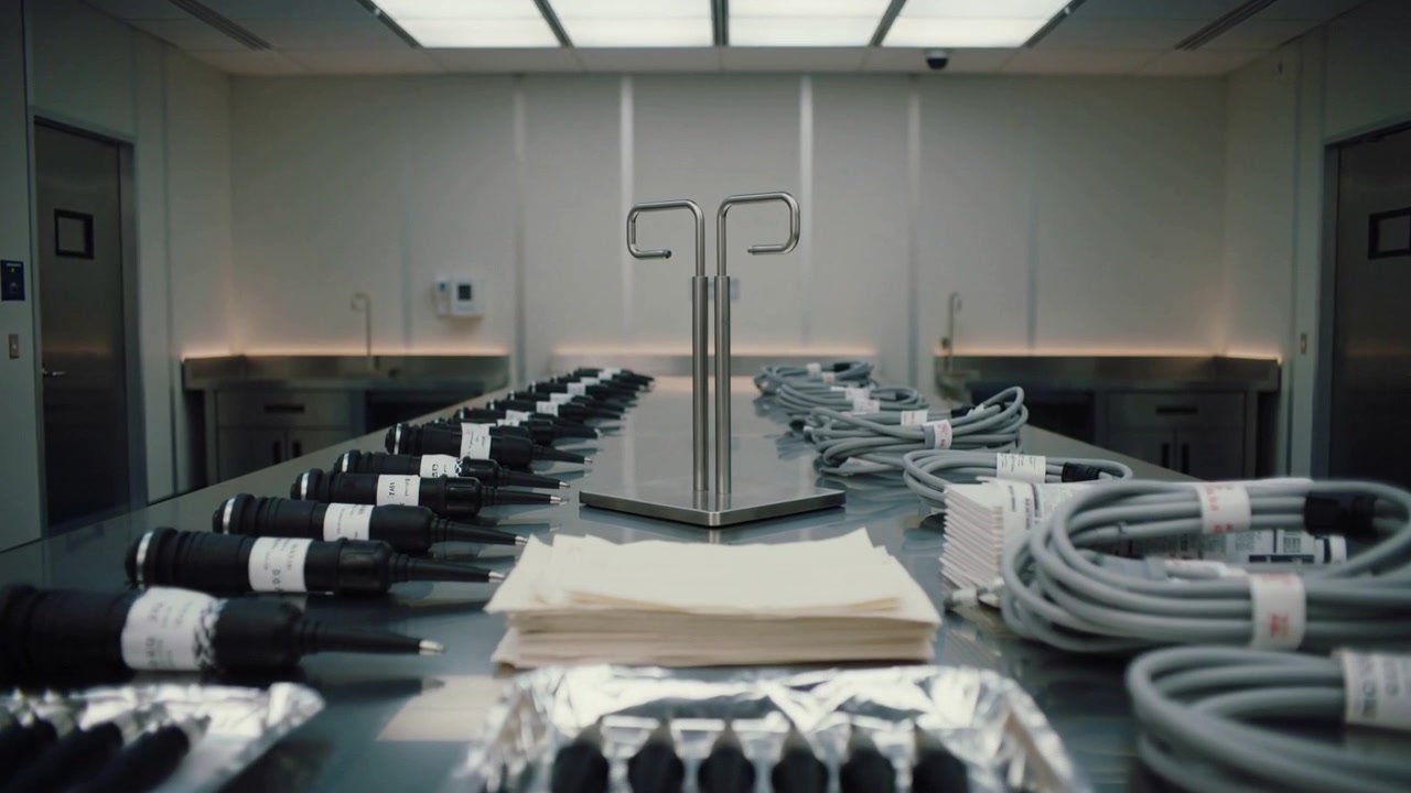 Camera moving forward, tools on stainless table coming into focus in clinical prep area for surgery