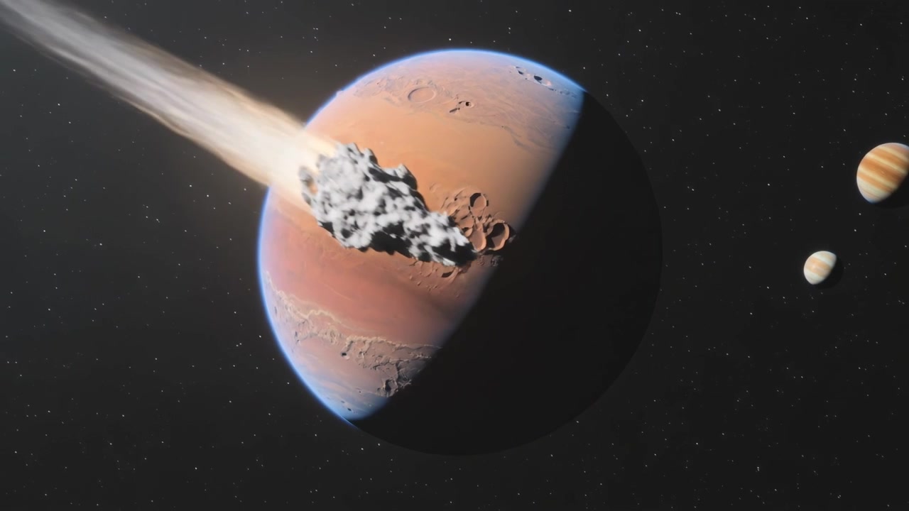 Mostrando un pianeta rossastro attraversato da un asteroide che entra dall'alto a sinistra, in orbita con giganti gassosi.