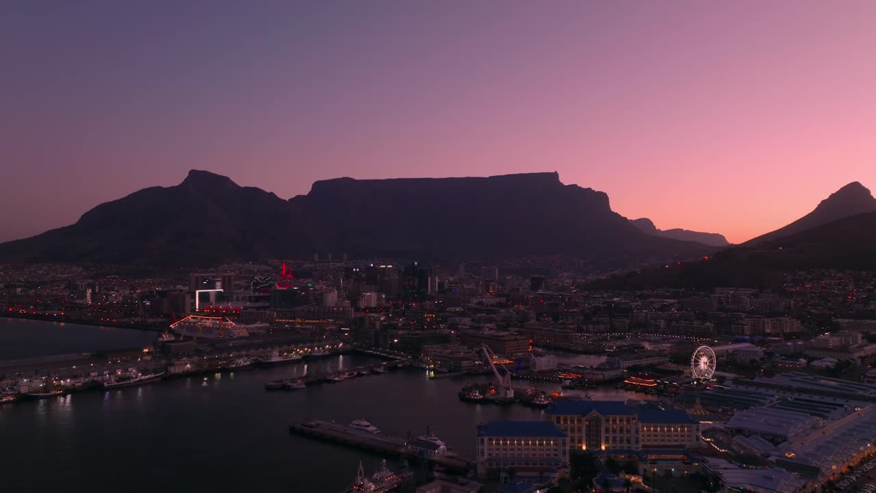 Wide drone shot moves in the central establishment of the waterfront in the city of Cape Town.