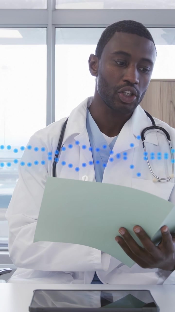 Vertical video: Doctor picking green file, reviewing patient file while blue dots shifting on chest