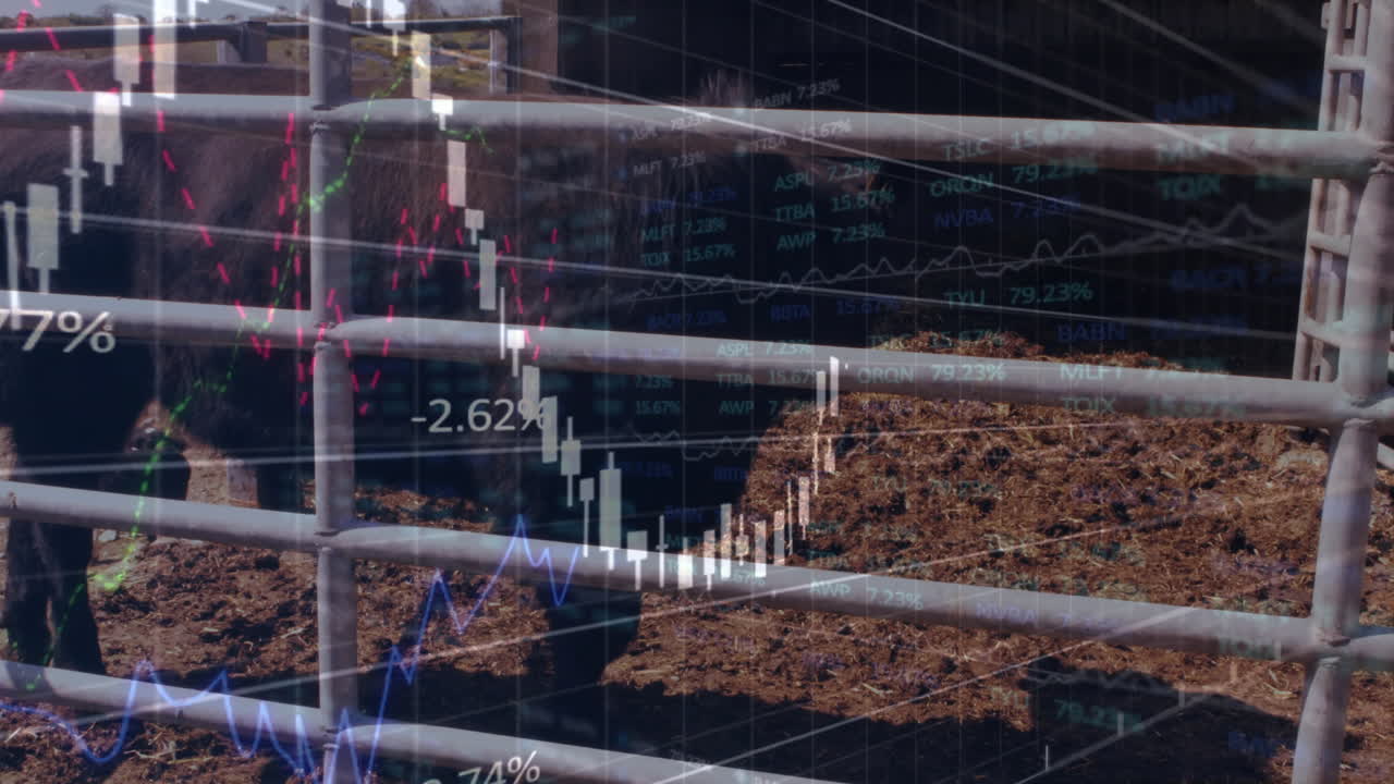 Finansielle data og børsanimation over husdyr i et indhegnet område.