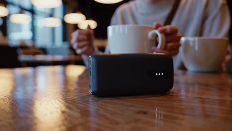 person enjoying coffee at cafe with power bank on table.