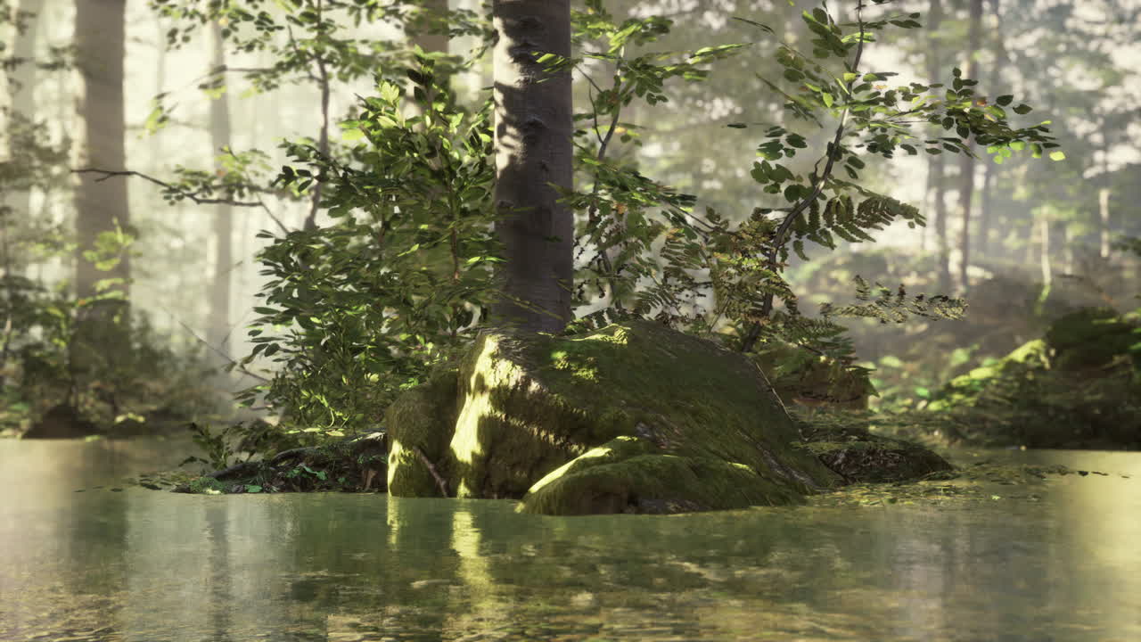 호수 숲 위의 안개 같은 새벽