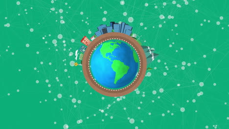 animation of network of connections with globe on green background