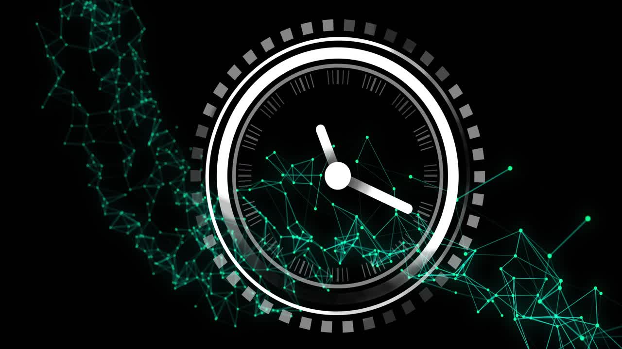 Turquoise filament entering from left initiating HUD clock forming, rings drawing, hands advancing