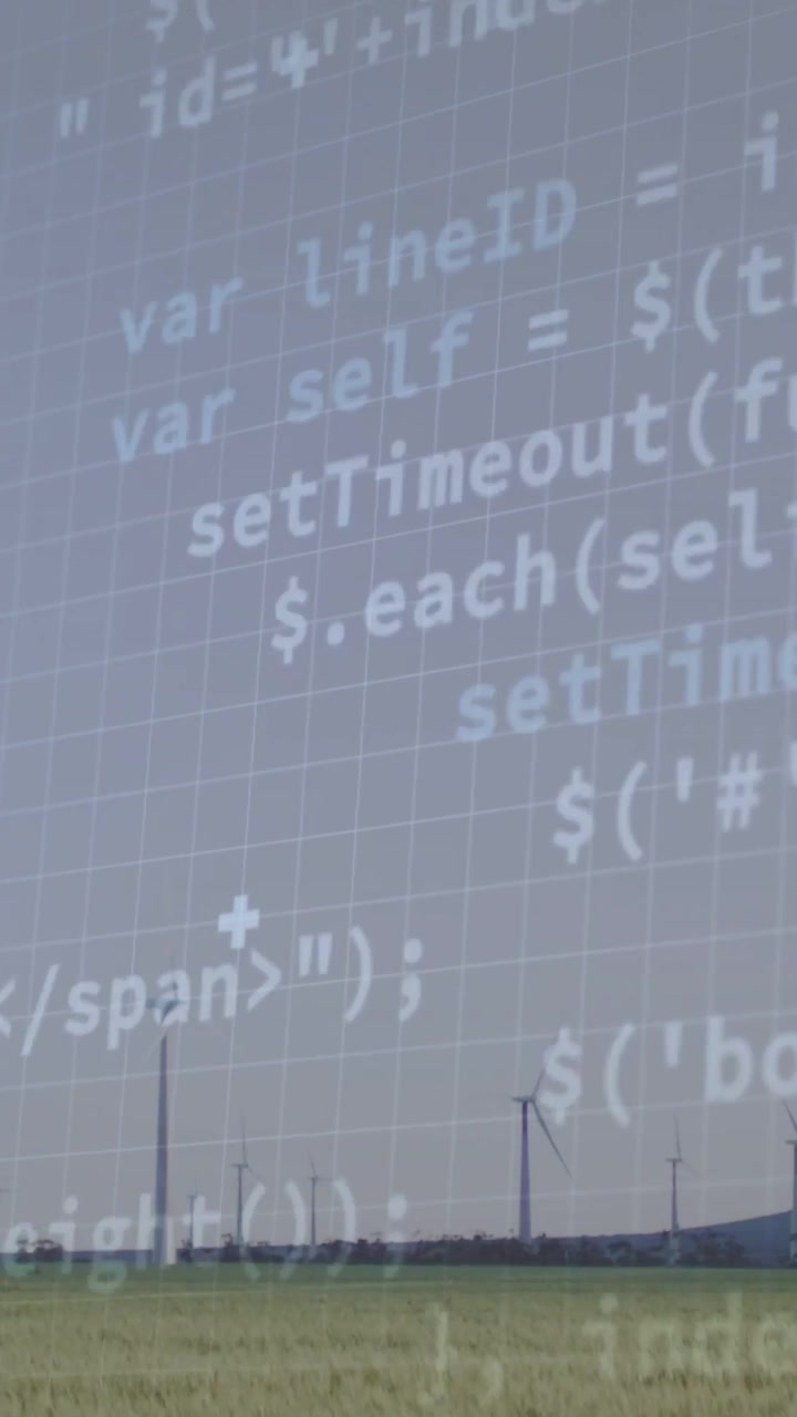 Vertikales Video: Gitter- und Code-Overlay pulsiert auf Datenfeed über Windturbinen zur Energieüberwachung.