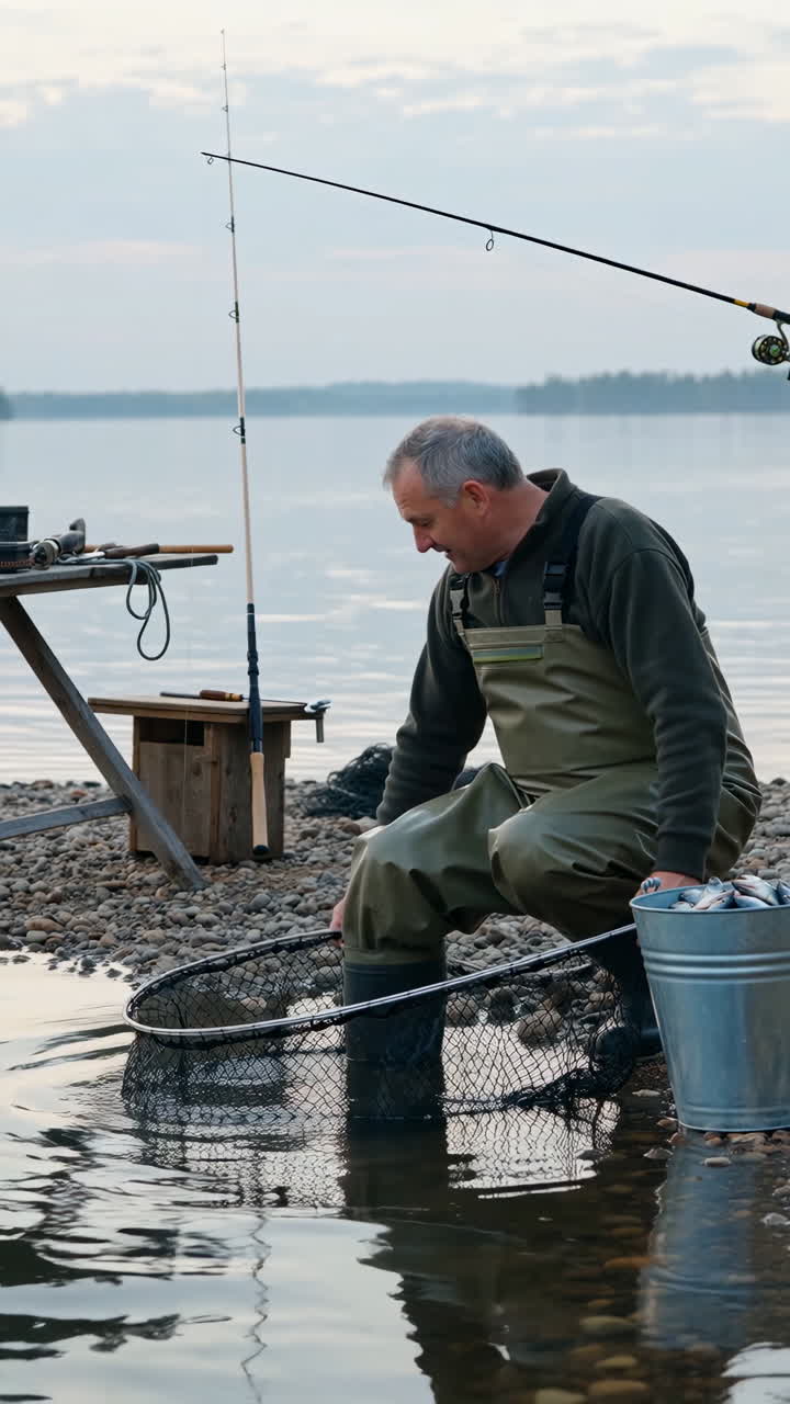 Man Fishing by a Lake with a Net and Bucket