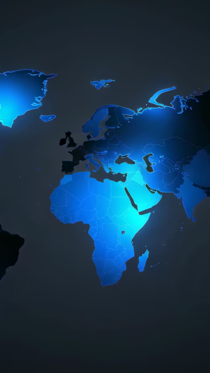 Vertical video: Animating stylized map panning in dark set to reveal east, pulsing blue, thin lines