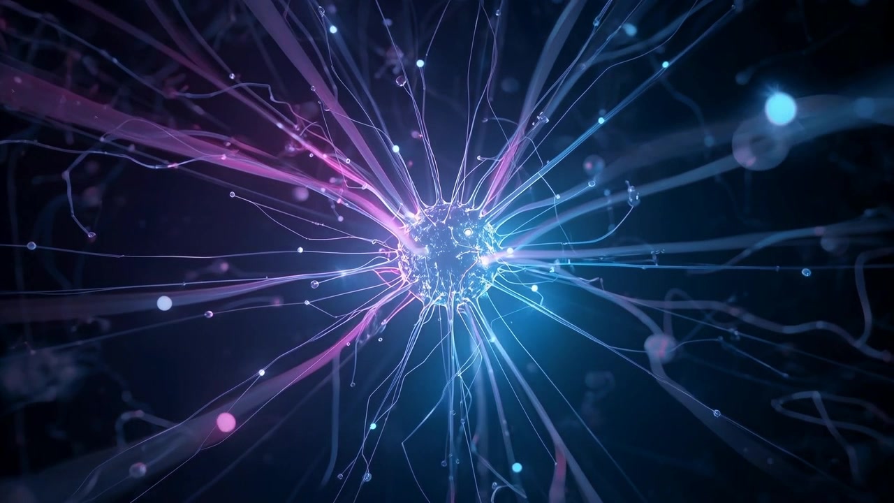 Sferoide pulsante che emette filamenti che rispondono al polso del nucleo in un vuoto oscuro, attirando particelle.