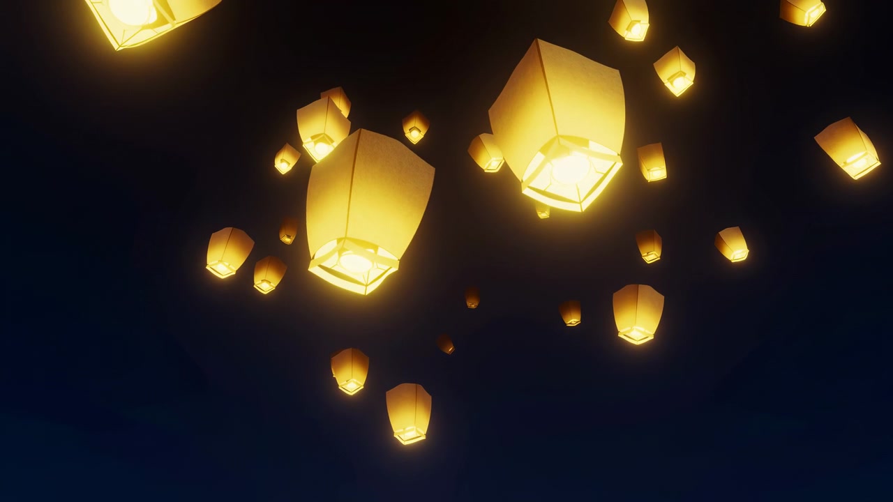 Des lanternes chaleureuses s'élèvent dans un ciel d'un noir profond, avec une lanterne lumineuse près du centre et plusieurs petites lumières éparpillées autour du cadre, créant une