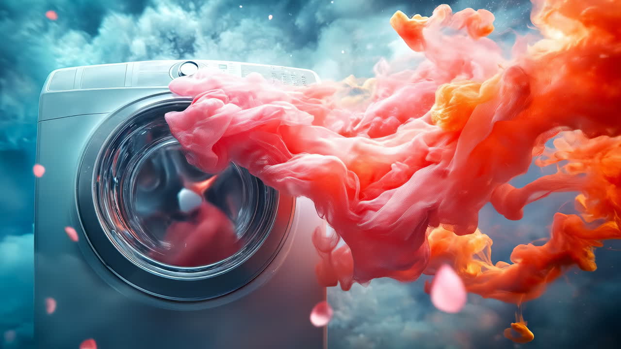 Washer in colored smoke. A washing machine is releasing colorful smoke while surrounded by swirling clouds, creating a vibrant scene of motion