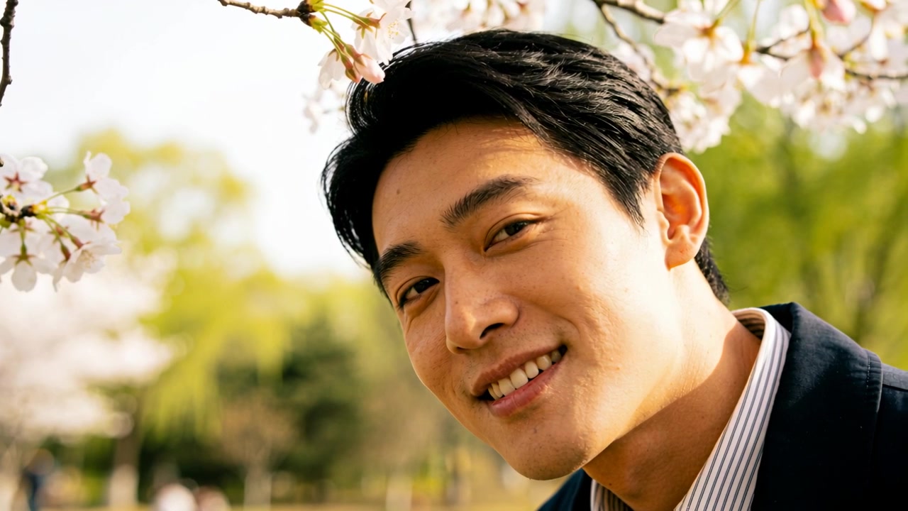 Ramo di ciliegio in primo piano, uomo sorridente appoggiato nel parco che ammira i fiori, in camicia e blazer.
