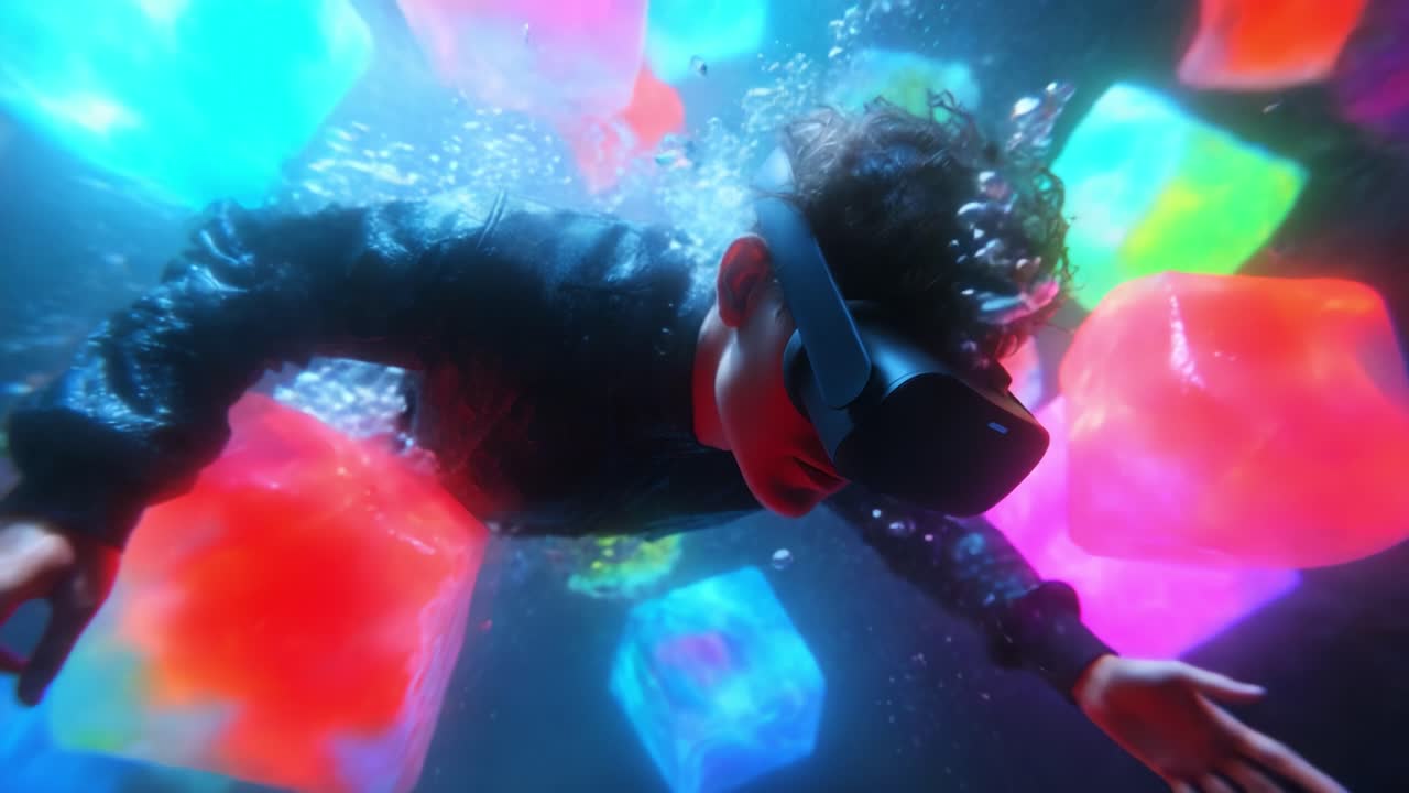 En betagende scene udspiller sig, hvor en person under vand med et VR-headset interagerer med levende, oplyste isterninger og skaber en fortryllende blanding af teknologi og surrealisme.