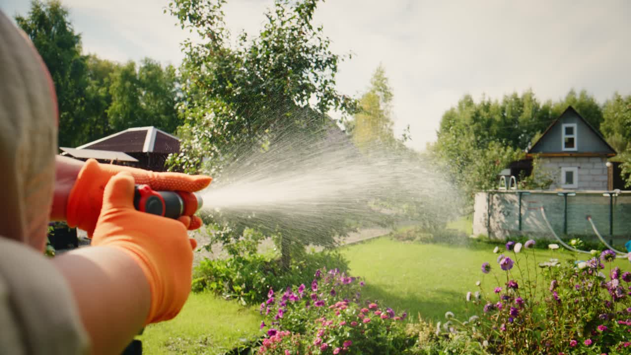 Annaffiare le piante in un giardino lussureggiante con un tubo a spruzzo: uno sguardo al verde vibrante e alle splendide fioriture sotto cieli limpidi e sole