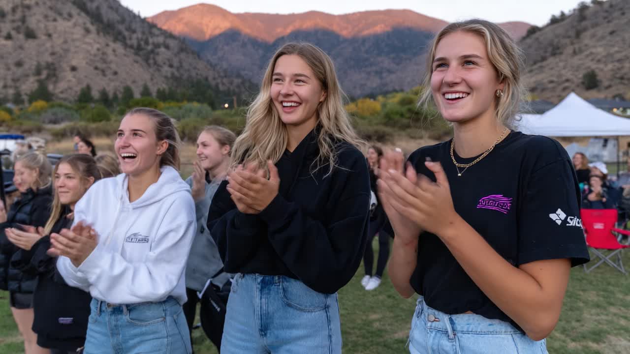 A Joyful Celebration of Friendship: Enthusiastic Young Women Applauding Together Against a Stunning Mountain Background at Dusk