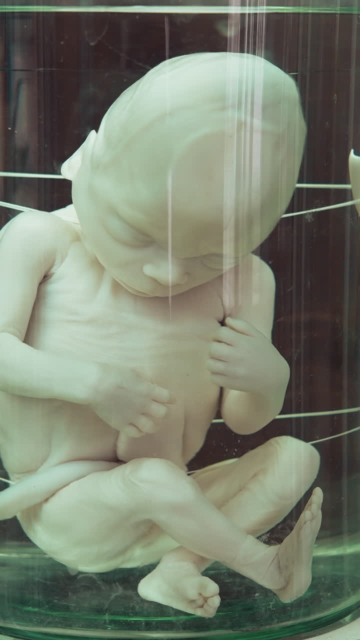 Mannequin of a baby. Dummy body of unborn baby. Manikin of a baby's body in a capsule before born. Vertical video