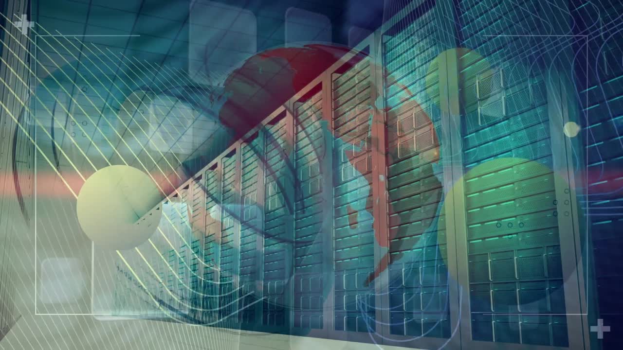 비어있는 컴퓨터 서버 방에 대해 회전하는 지구상에서 추상적인 모양