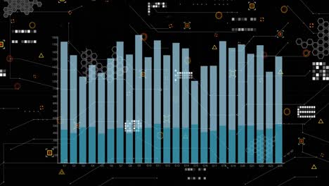animación de gráficos, datos e íconos sobre un fondo negro