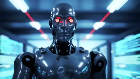futuristic robot with intense red eyes standing in a high-tech environment ready to interact and emanating an air of intelligence and power