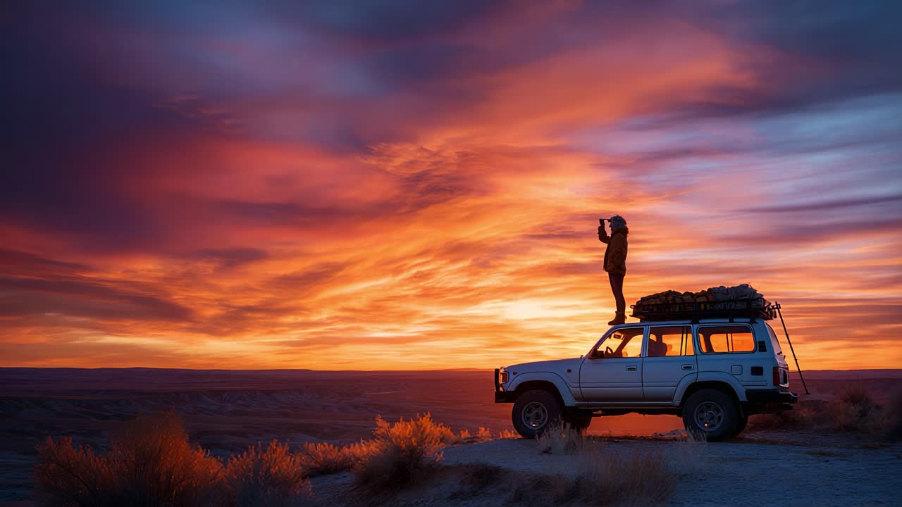 Una vista mozzafiato si rivela mentre una figura cattura lo splendido paesaggio del tramonto in cima a un veicolo, mostrando la bellezza della natura sotto una tela di colori vivaci nel cielo serale.