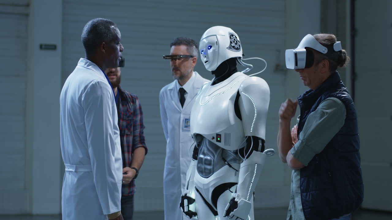 Scientists and a Robot in a Meeting