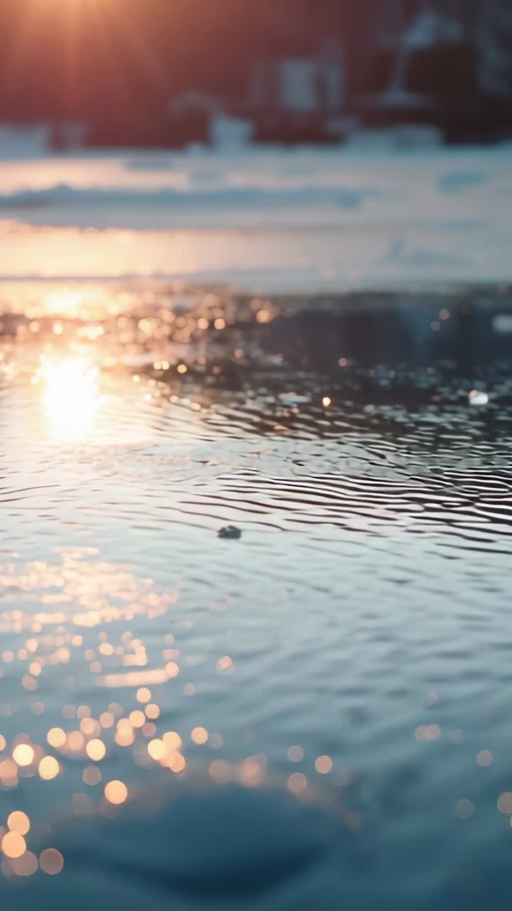 Vertical video: Floating fragment initiating ripples on river at sunset, drifting right and fading