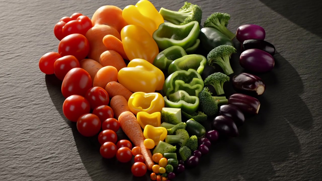 Fresh vegetables form heart shape on dark textured tabletop, with glossy tomatoes, carrots, peppers, broccoli, and eggplants arranged in bright color bands, creating healthy, colorful food concept