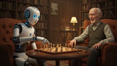 a unique game of chess: an engaging match between a thoughtful robot and a joyful elderly man in a cozy library setting