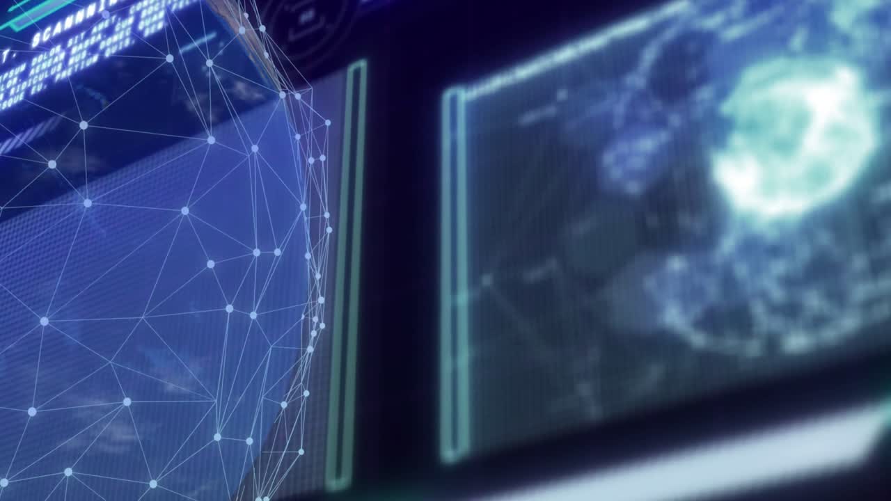 Animation of data processing over globe and screens on dark background