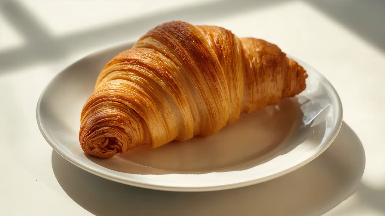 Luce del sole che scalda un croissant su un piatto sul tavolo della cucina vicino alla finestra, proiettando un'ombra a griglia e rivelando una tazza